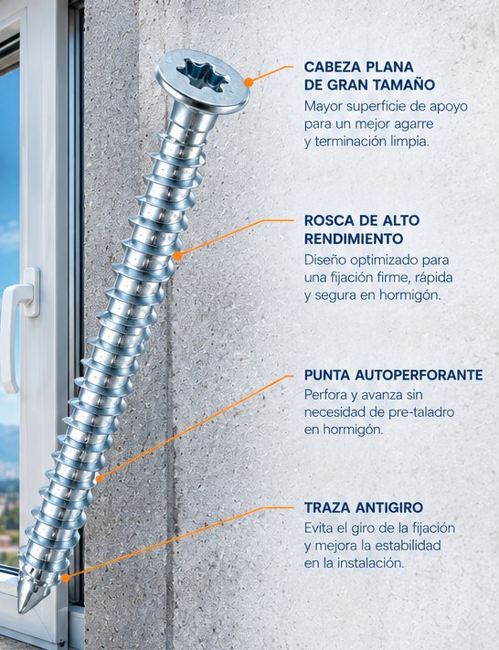 Autoperforante de hormigón Bullet IV 7,5 mm fijado en hormigón junto a una ventana de PVC: cabeza plana, rosca de alto rendimiento, punta autoperforante y traza antigiro