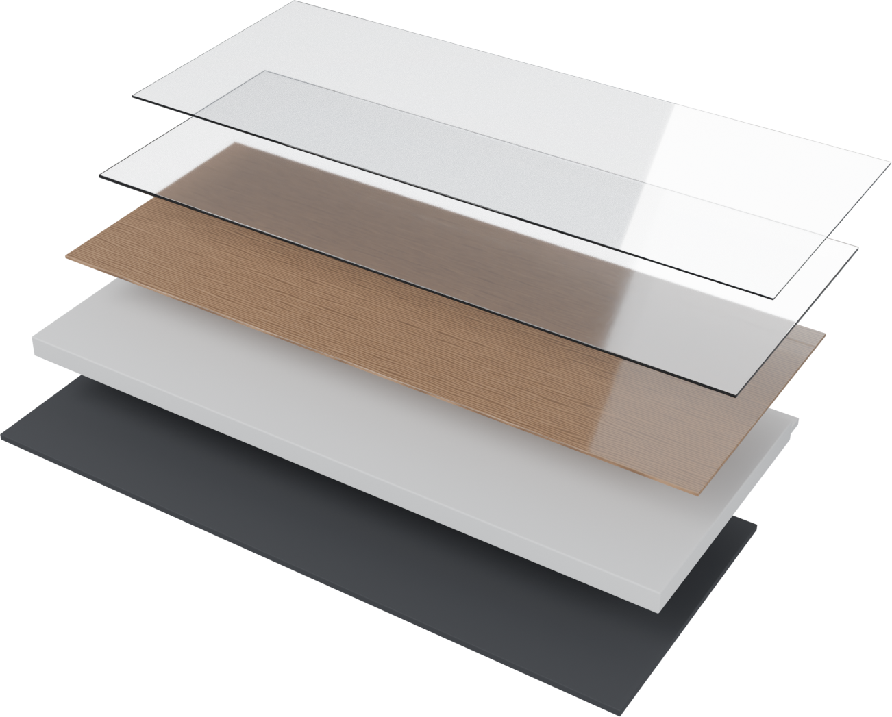 Capas del piso SPC: capa UV, capa de desgaste, lámina decorativa, núcleo rígido SPC y base acústica IXPE